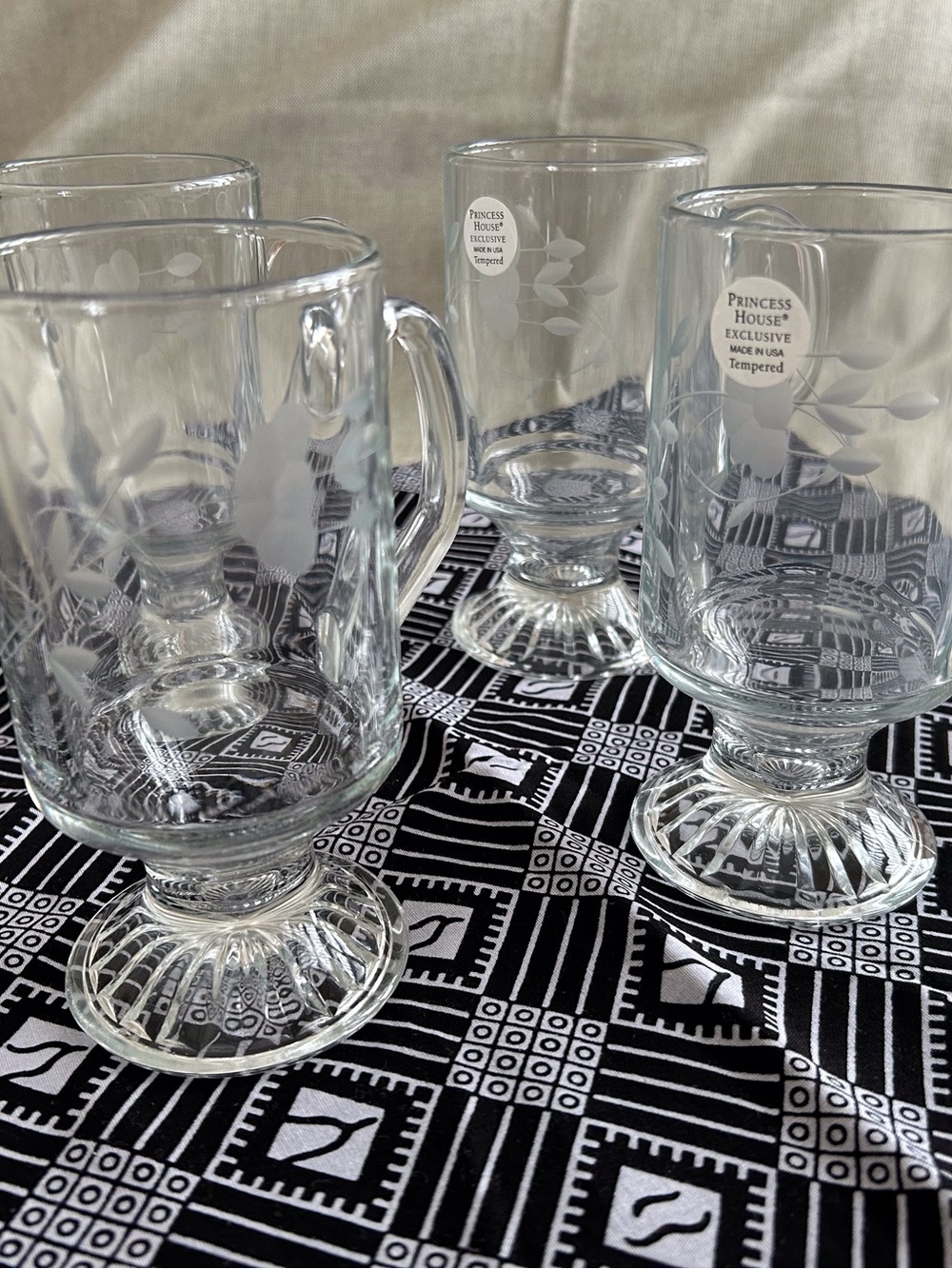Princess House Heritage Etched Clear Glass Footed Mugs with Handles - Set of 4